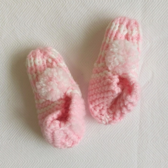 handknit pink & white pom pom baby girl slippers - Picture 2 of 3